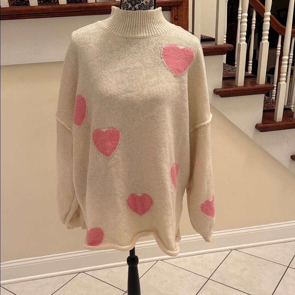 SHEIN Cream Turtleneck Sweater with Pink Heart Details